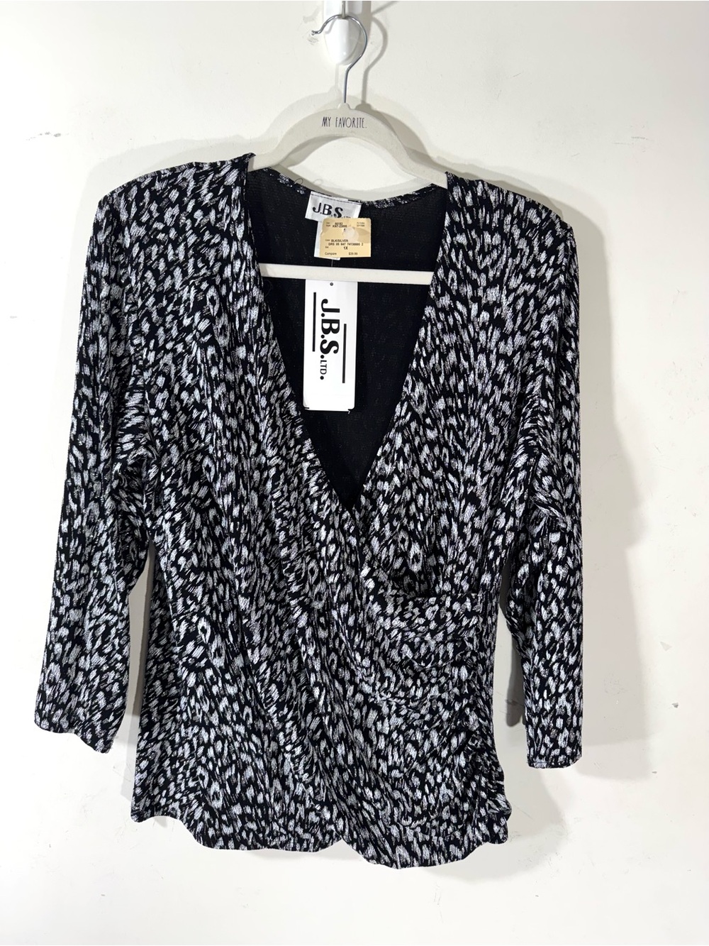 JBS Vintage Black and silver metallic leopard top 1X NWT faux wrap holiday